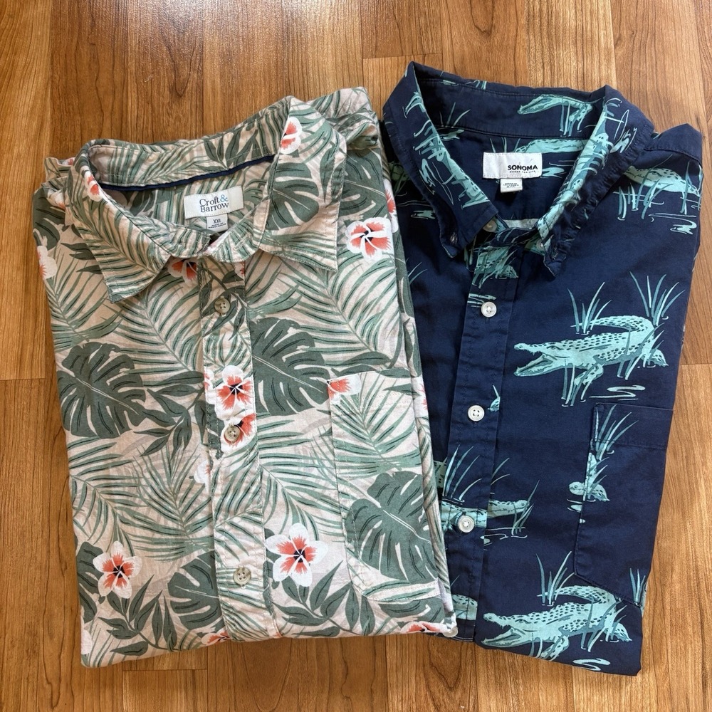 Lot of 2 Men's XXL Short Sleeve Button Up Shirts Hawaiian Beach Vacation Cruise